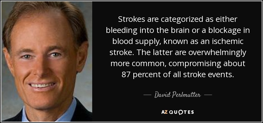 Strokes are categorized as either bleeding into the brain or a blockage in blood supply, known as an ischemic stroke. The latter are overwhelmingly more common, compromising about 87 percent of all stroke events. - David Perlmutter