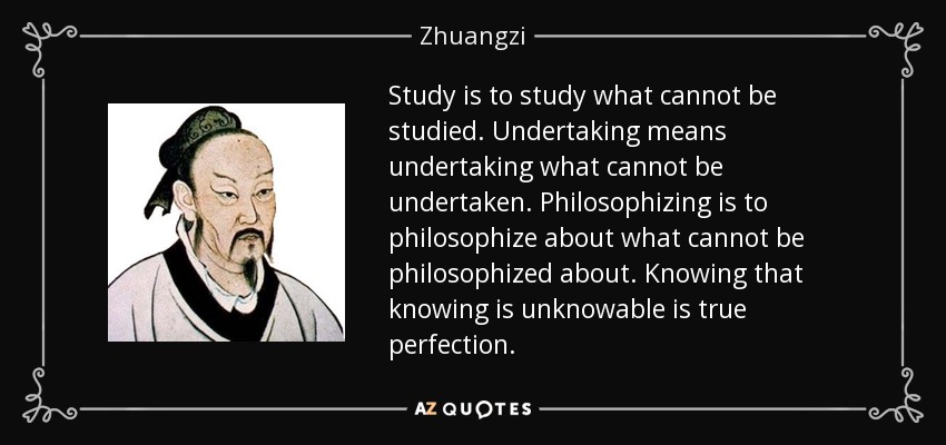 Study is to study what cannot be studied. Undertaking means undertaking what cannot be undertaken. Philosophizing is to philosophize about what cannot be philosophized about. Knowing that knowing is unknowable is true perfection. - Zhuangzi