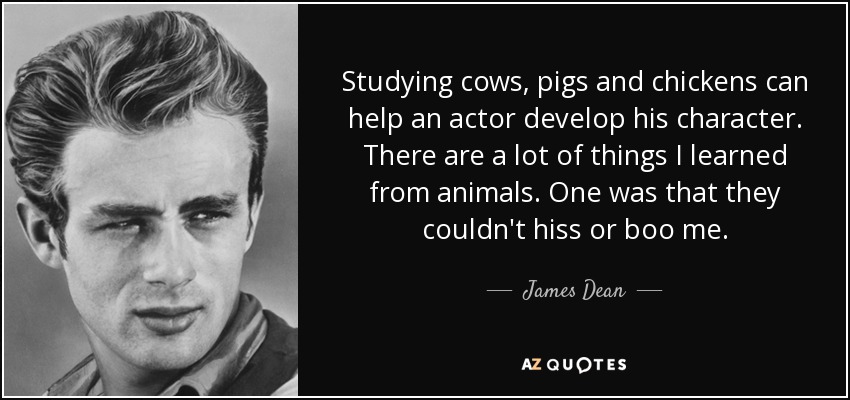 Studying cows, pigs and chickens can help an actor develop his character. There are a lot of things I learned from animals. One was that they couldn't hiss or boo me. - James Dean