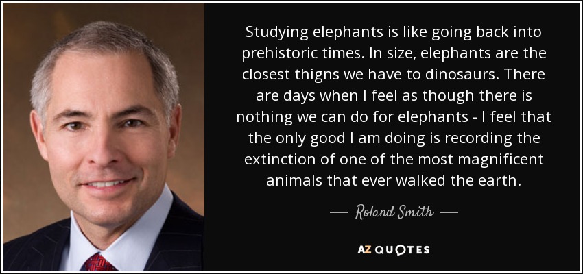 Studying elephants is like going back into prehistoric times. In size, elephants are the closest thigns we have to dinosaurs. There are days when I feel as though there is nothing we can do for elephants - I feel that the only good I am doing is recording the extinction of one of the most magnificent animals that ever walked the earth. - Roland Smith