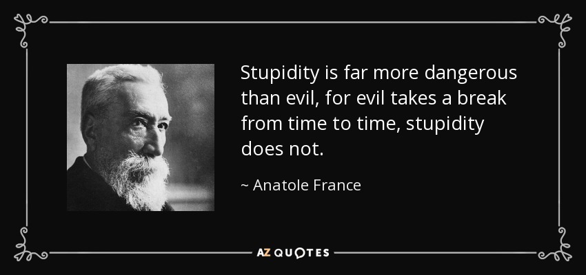 Stupidity is far more dangerous than evil, for evil takes a break from time to time, stupidity does not. - Anatole France