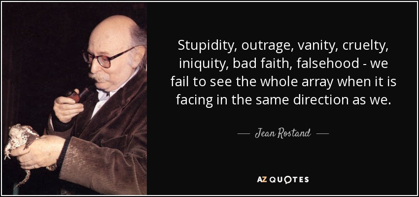 Stupidity, outrage, vanity, cruelty, iniquity, bad faith, falsehood - we fail to see the whole array when it is facing in the same direction as we. - Jean Rostand