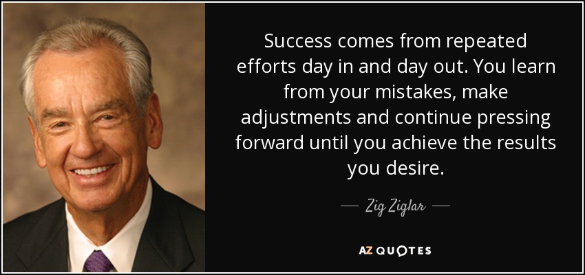 Success comes from repeated efforts day in and day out. You learn from your mistakes, make adjustments and continue pressing forward until you achieve the results you desire. - Zig Ziglar