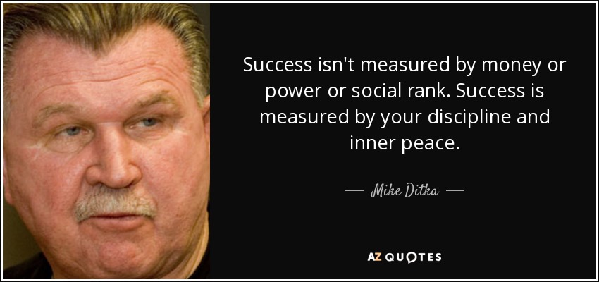 Success isn't measured by money or power or social rank. Success is measured by your discipline and inner peace. - Mike Ditka