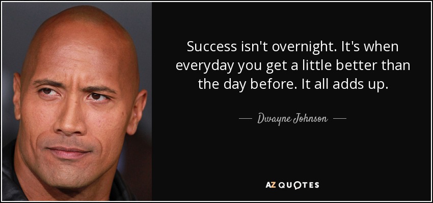 Success isn't overnight. It's when everyday you get a little better than the day before. It all adds up. - Dwayne Johnson