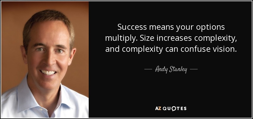 Success means your options multiply. Size increases complexity, and complexity can confuse vision. - Andy Stanley