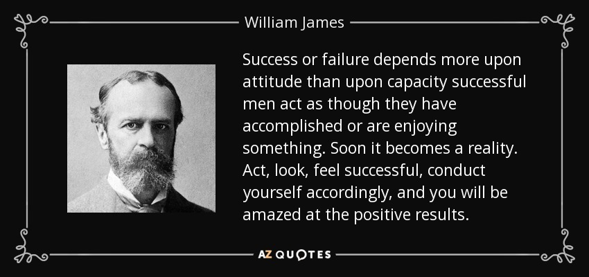 Success or failure depends more upon attitude than upon capacity successful men act as though they have accomplished or are enjoying something. Soon it becomes a reality. Act, look, feel successful, conduct yourself accordingly, and you will be amazed at the positive results. - William James