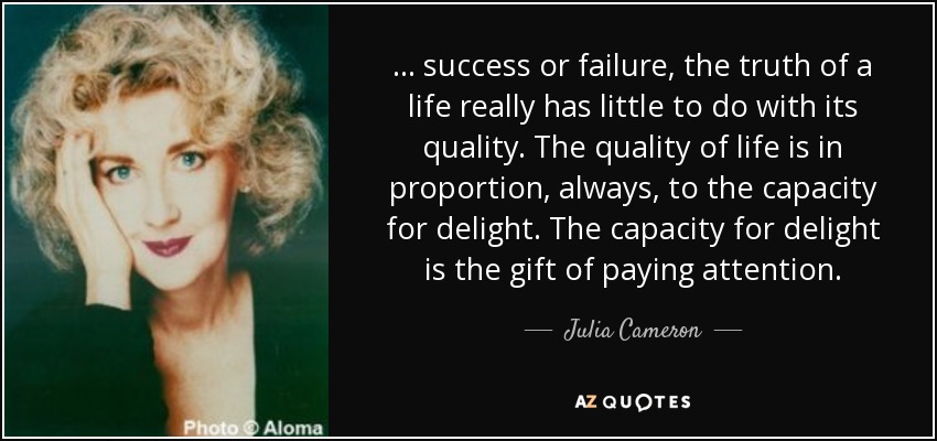 ... success or failure, the truth of a life really has little to do with its quality. The quality of life is in proportion, always, to the capacity for delight. The capacity for delight is the gift of paying attention. - Julia Cameron
