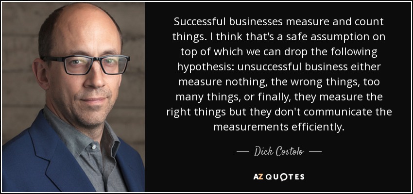 Successful businesses measure and count things. I think that's a safe assumption on top of which we can drop the following hypothesis: unsuccessful business either measure nothing, the wrong things, too many things, or finally, they measure the right things but they don't communicate the measurements efficiently. - Dick Costolo