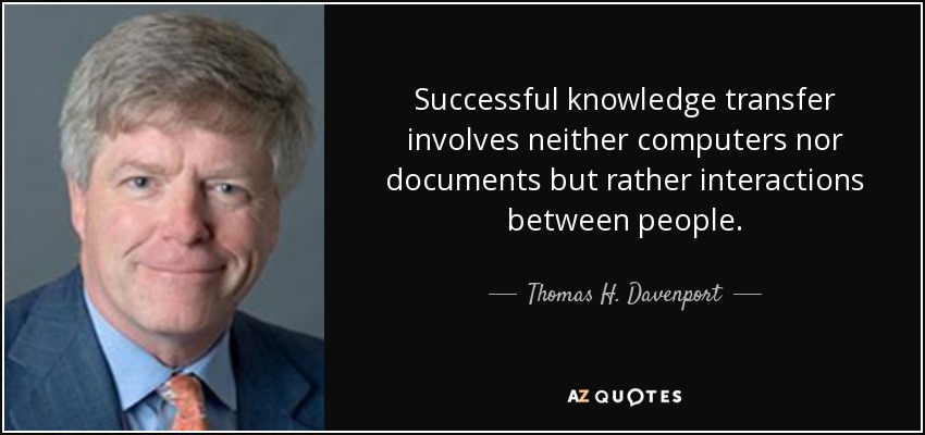 Successful knowledge transfer involves neither computers nor documents but rather interactions between people. - Thomas H. Davenport