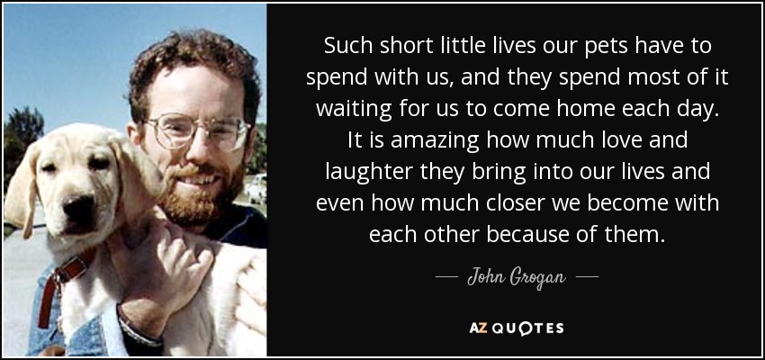 Such short little lives our pets have to spend with us, and they spend most of it waiting for us to come home each day. It is amazing how much love and laughter they bring into our lives and even how much closer we become with each other because of them. - John Grogan