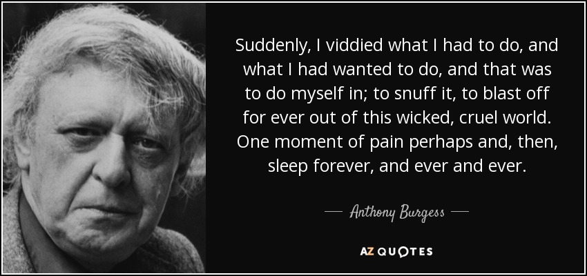 Suddenly, I viddied what I had to do, and what I had wanted to do, and that was to do myself in; to snuff it, to blast off for ever out of this wicked, cruel world. One moment of pain perhaps and, then, sleep forever, and ever and ever. - Anthony Burgess