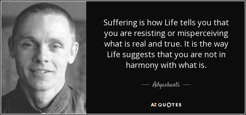 Suffering is how Life tells you that you are resisting or misperceiving what is real and true. It is the way Life suggests that you are not in harmony with what is. - Adyashanti