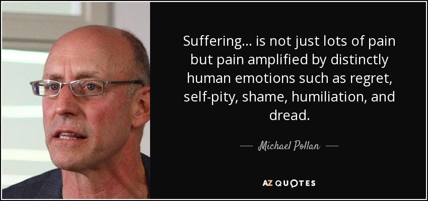 Suffering... is not just lots of pain but pain amplified by distinctly human emotions such as regret, self-pity, shame, humiliation, and dread. - Michael Pollan