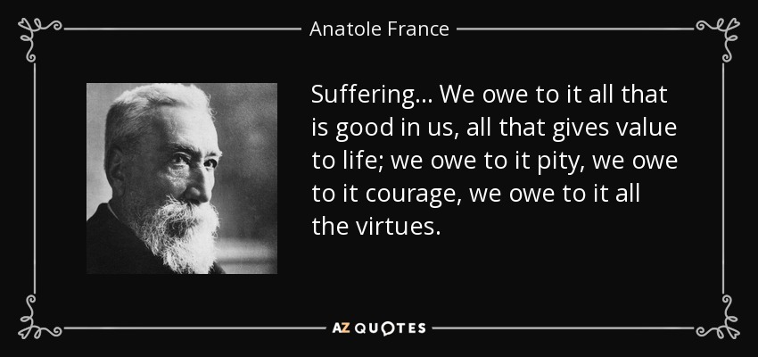 Suffering... We owe to it all that is good in us, all that gives value to life; we owe to it pity, we owe to it courage, we owe to it all the virtues. - Anatole France
