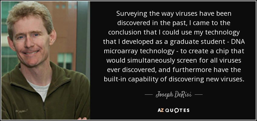 Surveying the way viruses have been discovered in the past, I came to the conclusion that I could use my technology that I developed as a graduate student - DNA microarray technology - to create a chip that would simultaneously screen for all viruses ever discovered, and furthermore have the built-in capability of discovering new viruses. - Joseph DeRisi