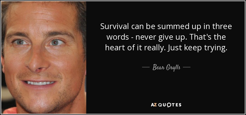 Survival can be summed up in three words - never give up. That's the heart of it really. Just keep trying. - Bear Grylls