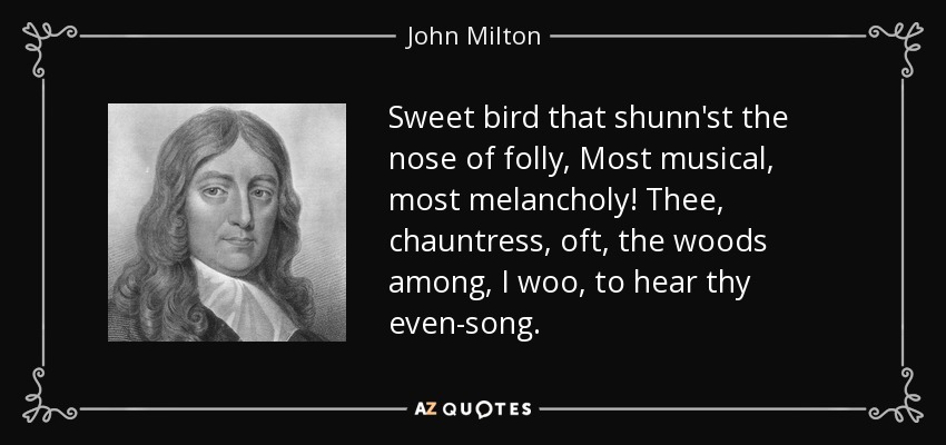 Sweet bird that shunn'st the nose of folly, Most musical, most melancholy! Thee, chauntress, oft, the woods among, I woo, to hear thy even-song. - John Milton
