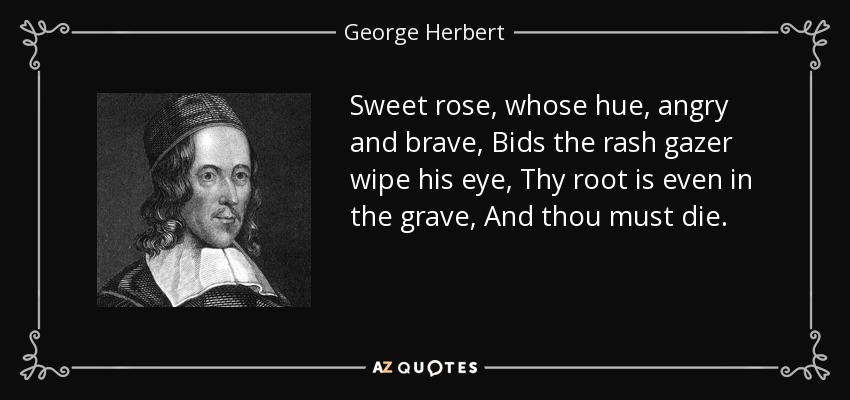 Sweet rose, whose hue, angry and brave, Bids the rash gazer wipe his eye, Thy root is even in the grave, And thou must die. - George Herbert