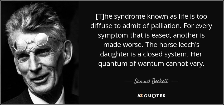 [T]he syndrome known as life is too diffuse to admit of palliation. For every symptom that is eased, another is made worse. The horse leech's daughter is a closed system. Her quantum of wantum cannot vary. - Samuel Beckett