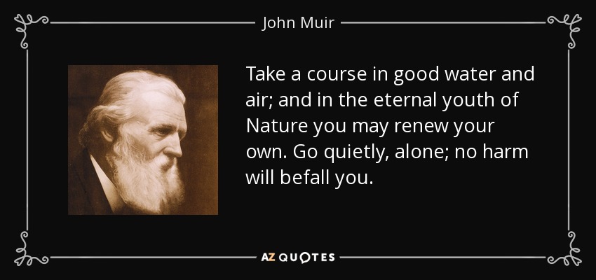Take a course in good water and air; and in the eternal youth of Nature you may renew your own. Go quietly, alone; no harm will befall you. - John Muir