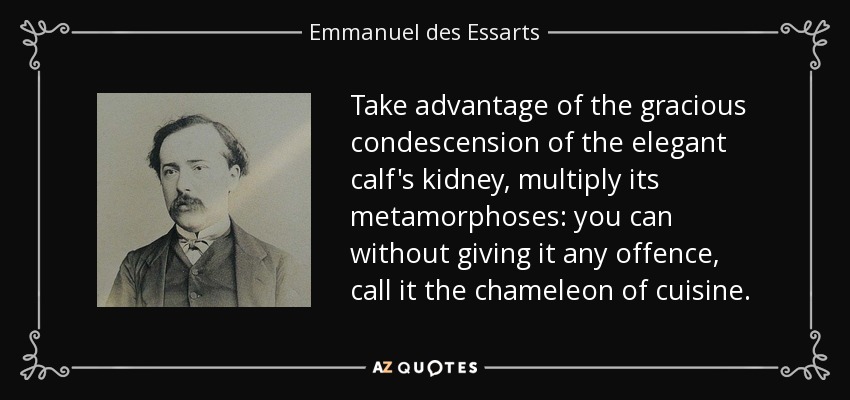 Take advantage of the gracious condescension of the elegant calf's kidney, multiply its metamorphoses: you can without giving it any offence, call it the chameleon of cuisine. - Emmanuel des Essarts