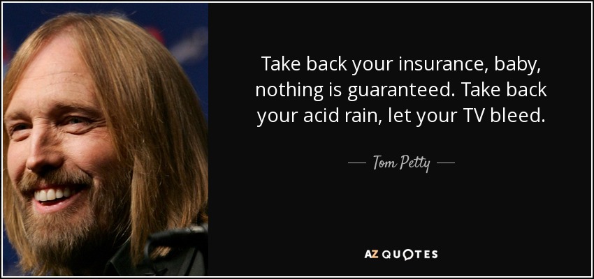 Take back your insurance, baby, nothing is guaranteed. Take back your acid rain, let your TV bleed. - Tom Petty