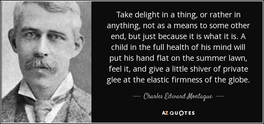 Take delight in a thing, or rather in anything, not as a means to some other end, but just because it is what it is. A child in the full health of his mind will put his hand flat on the summer lawn, feel it, and give a little shiver of private glee at the elastic firmness of the globe. - Charles Edward Montague