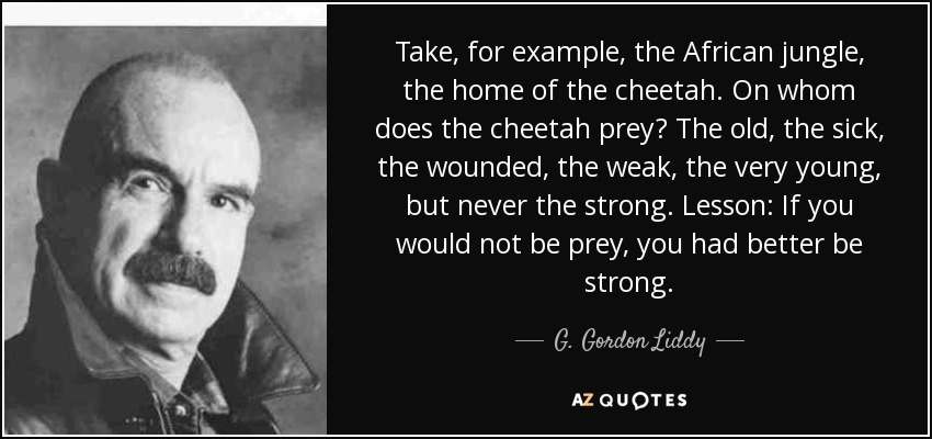 Take, for example, the African jungle, the home of the cheetah. On whom does the cheetah prey? The old, the sick, the wounded, the weak, the very young, but never the strong. Lesson: If you would not be prey, you had better be strong. - G. Gordon Liddy