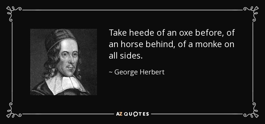 Take heede of an oxe before, of an horse behind, of a monke on all sides. - George Herbert