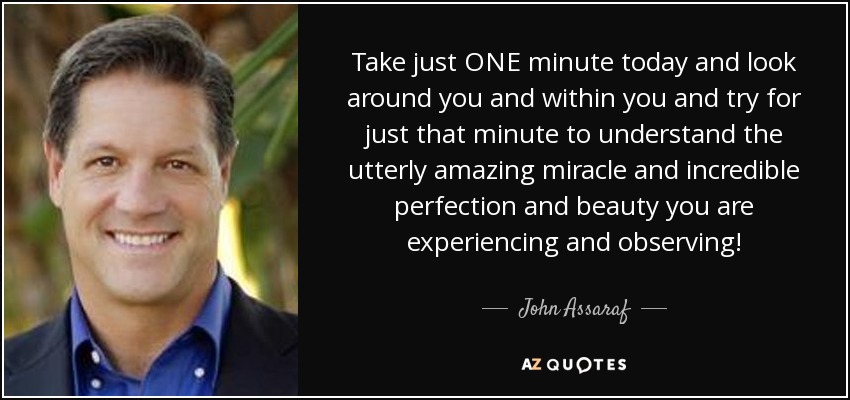 Take just ONE minute today and look around you and within you and try for just that minute to understand the utterly amazing miracle and incredible perfection and beauty you are experiencing and observing! - John Assaraf