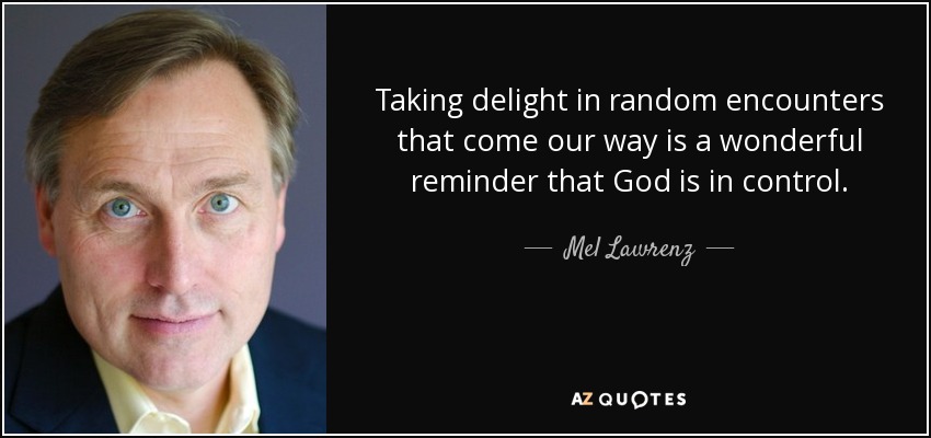 Taking delight in random encounters that come our way is a wonderful reminder that God is in control. - Mel Lawrenz