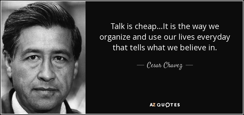 Talk is cheap...It is the way we organize and use our lives everyday that tells what we believe in. - Cesar Chavez