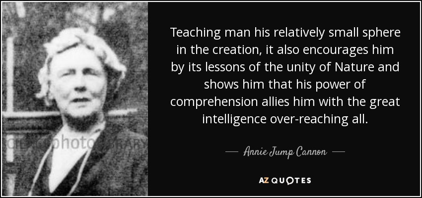 Teaching man his relatively small sphere in the creation, it also encourages him by its lessons of the unity of Nature and shows him that his power of comprehension allies him with the great intelligence over-reaching all. - Annie Jump Cannon