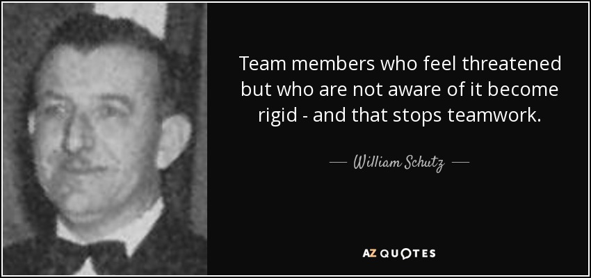 Team members who feel threatened but who are not aware of it become rigid - and that stops teamwork. - William Schutz