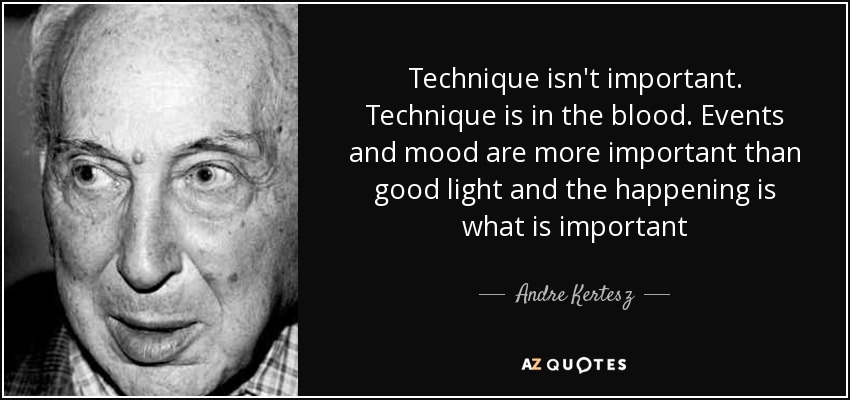 Technique isn't important. Technique is in the blood. Events and mood are more important than good light and the happening is what is important - Andre Kertesz