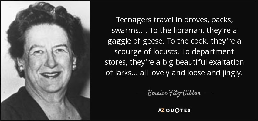 Teenagers travel in droves, packs, swarms. ... To the librarian, they're a gaggle of geese. To the cook, they're a scourge of locusts. To department stores, they're a big beautiful exaltation of larks ... all lovely and loose and jingly. - Bernice Fitz-Gibbon