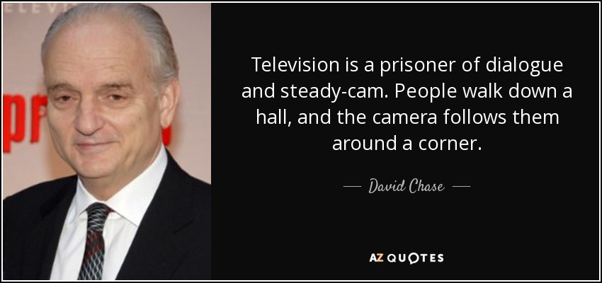 Television is a prisoner of dialogue and steady-cam. People walk down a hall, and the camera follows them around a corner. - David Chase