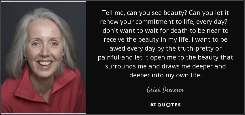 Tell me, can you see beauty? Can you let it renew your commitment to life, every day? I don't want to wait for death to be near to receive the beauty in my life. I want to be awed every day by the truth-pretty or painful-and let it open me to the beauty that surrounds me and draws me deeper and deeper into my own life. - Oriah Dreamer