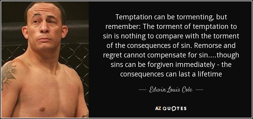Temptation can be tormenting, but remember: The torment of temptation to sin is nothing to compare with the torment of the consequences of sin. Remorse and regret cannot compensate for sin....though sins can be forgiven immediately - the consequences can last a lifetime - Edwin Louis Cole