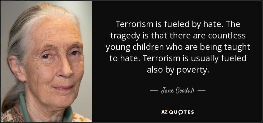 Terrorism is fueled by hate. The tragedy is that there are countless young children who are being taught to hate. Terrorism is usually fueled also by poverty. - Jane Goodall
