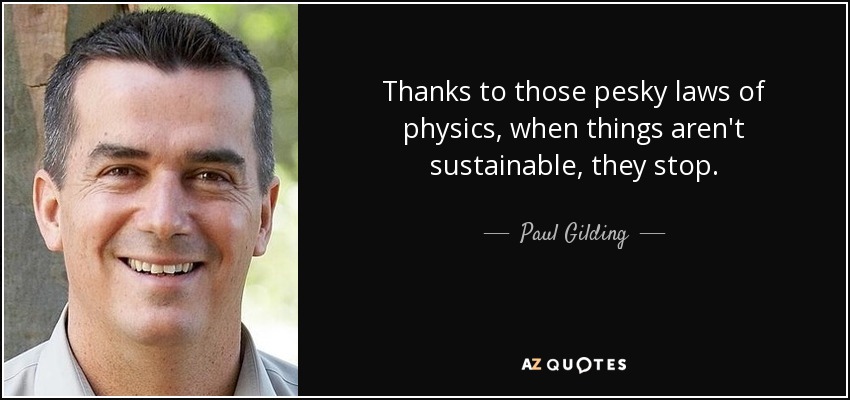 Thanks to those pesky laws of physics, when things aren't sustainable, they stop. - Paul Gilding