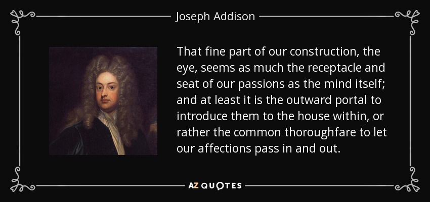 That fine part of our construction, the eye, seems as much the receptacle and seat of our passions as the mind itself; and at least it is the outward portal to introduce them to the house within, or rather the common thoroughfare to let our affections pass in and out. - Joseph Addison
