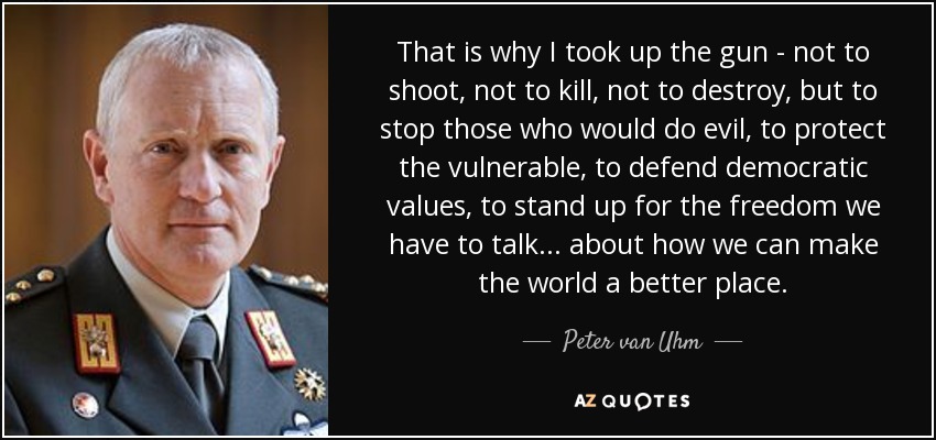 That is why I took up the gun - not to shoot, not to kill, not to destroy, but to stop those who would do evil, to protect the vulnerable, to defend democratic values, to stand up for the freedom we have to talk ... about how we can make the world a better place. - Peter van Uhm