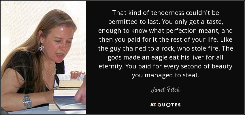 That kind of tenderness couldn't be permitted to last. You only got a taste, enough to know what perfection meant, and then you paid for it the rest of your life. Like the guy chained to a rock, who stole fire. The gods made an eagle eat his liver for all eternity. You paid for every second of beauty you managed to steal. - Janet Fitch