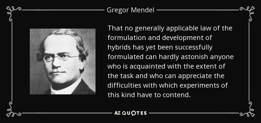That no generally applicable law of the formulation and development of hybrids has yet been successfully formulated can hardly astonish anyone who is acquainted with the extent of the task and who can appreciate the difficulties with which experiments of this kind have to contend. - Gregor Mendel