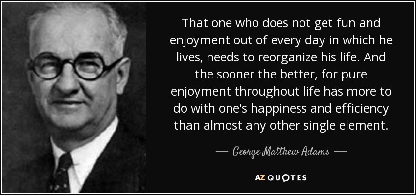 That one who does not get fun and enjoyment out of every day in which he lives, needs to reorganize his life. And the sooner the better, for pure enjoyment throughout life has more to do with one's happiness and efficiency than almost any other single element. - George Matthew Adams