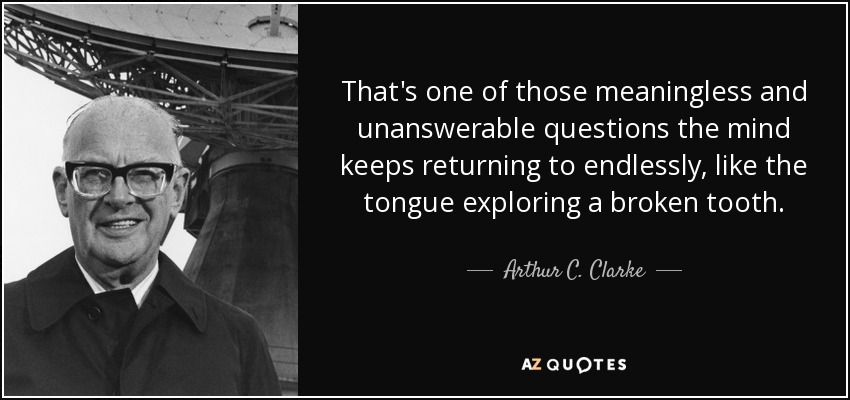 That's one of those meaningless and unanswerable questions the mind keeps returning to endlessly, like the tongue exploring a broken tooth. - Arthur C. Clarke