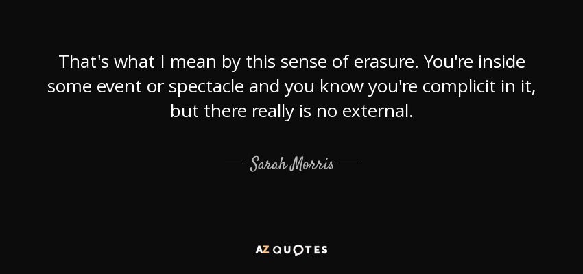 That's what I mean by this sense of erasure. You're inside some event or spectacle and you know you're complicit in it, but there really is no external. - Sarah Morris