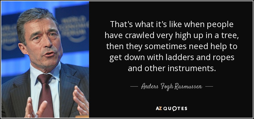 That's what it's like when people have crawled very high up in a tree, then they sometimes need help to get down with ladders and ropes and other instruments. - Anders Fogh Rasmussen